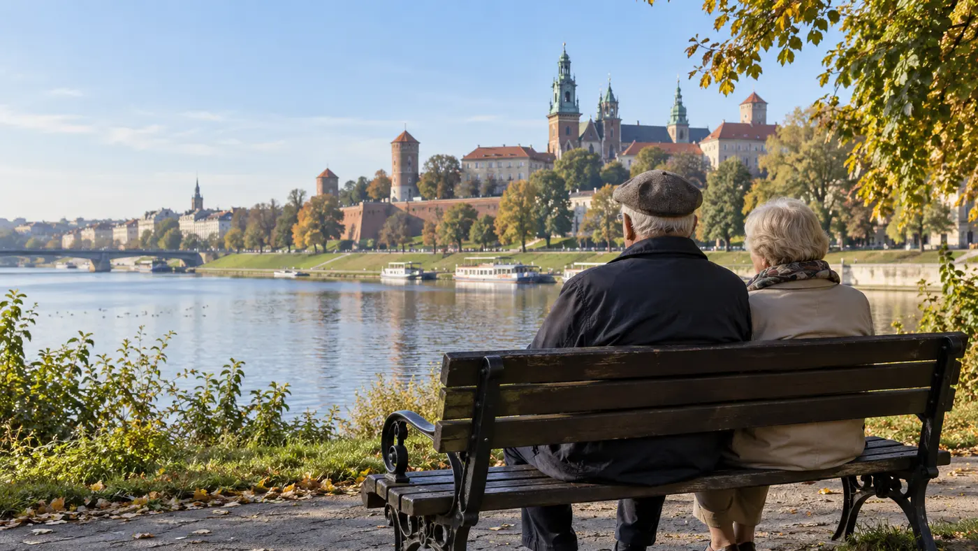 Starsza para odpoczywa nad Wisłą w Krakowie